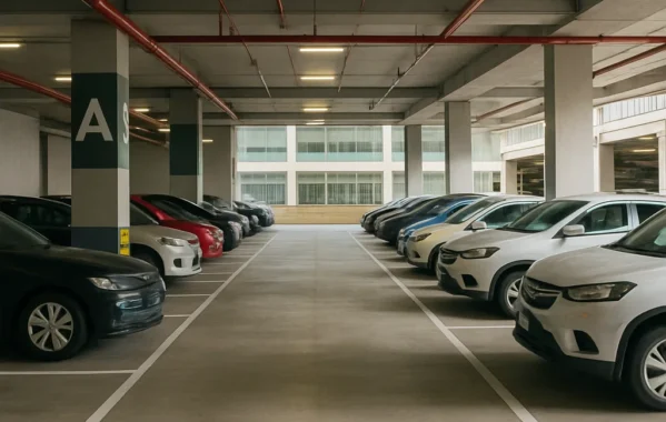 Udsigt over et rent og veloplyst indendørs parkeringshus med parkeringsplads. Flere biler er parkeret på begge sider, og røde rør løber langs loftet af beton.