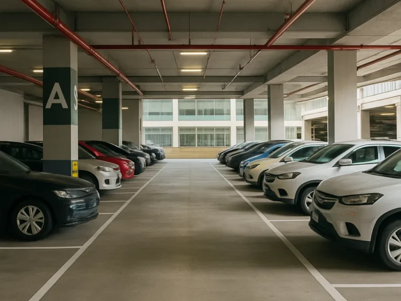 Udsigt over et rent og veloplyst indendørs parkeringshus med parkeringsplads. Flere biler er parkeret på begge sider, og røde rør løber langs loftet af beton.