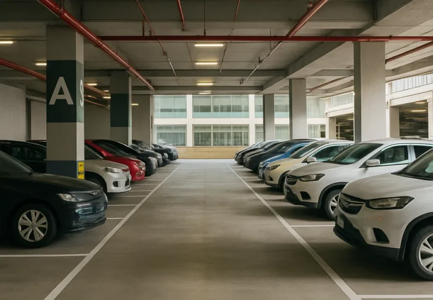 Udsigt over et rent og veloplyst indendørs parkeringshus med parkeringsplads. Flere biler er parkeret på begge sider, og røde rør løber langs loftet af beton.
