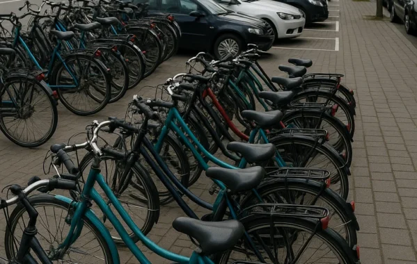 Række af cykler parkeret ved siden af en bilparkering i en moderne by med høje kontorbygninger og træer langs fortovet på en overskyet dag.