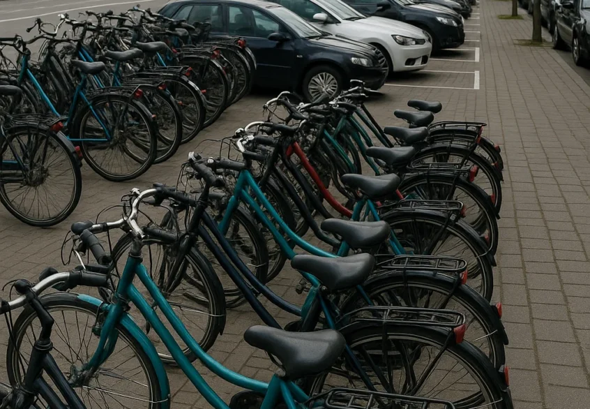 Række af cykler parkeret ved siden af en bilparkering i en moderne by med høje kontorbygninger og træer langs fortovet på en overskyet dag.