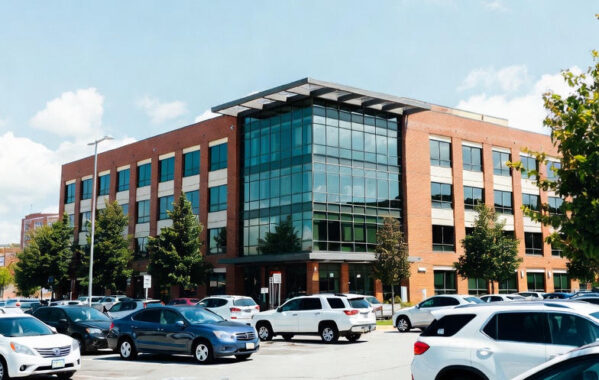 Vid udsigt over en næsten fyldt parkeringsplads på en solrig dag, med mange parkerede biler i forskellige farver, foran et moderne erhvervsbyggeri i røde teglsten med stort centralt glasparti og flere etager. Blå himmel med lette skyer.